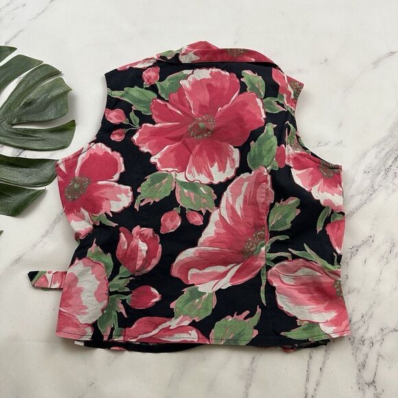 St Johns Bay Womens Vintage Y2k Wrap Crop Top Size L Black Pink Floral Tie Trim - Picture 6 of 9